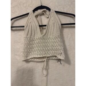 Romwe Crochet Halter Top Cream Boho Knit Lace Up Back Crop Top XS